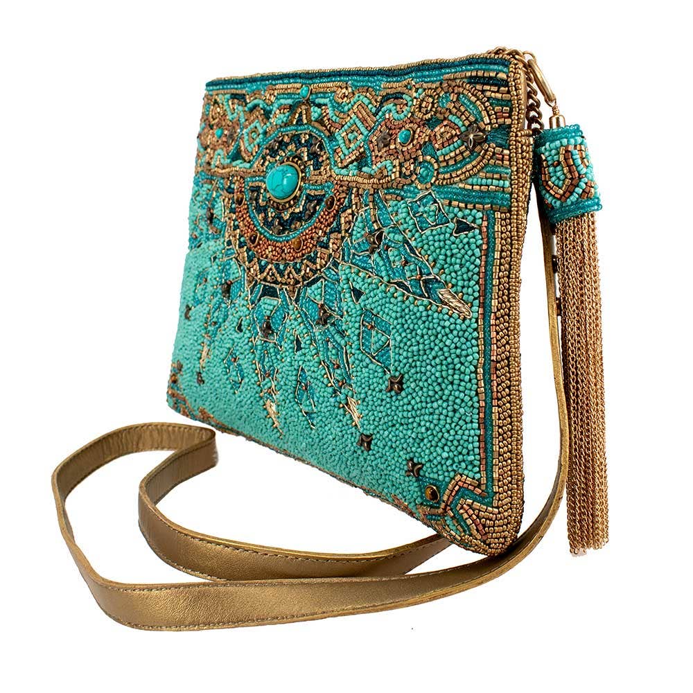 New Day Beaded Mosaic Themed Crossbody Leather Handbag