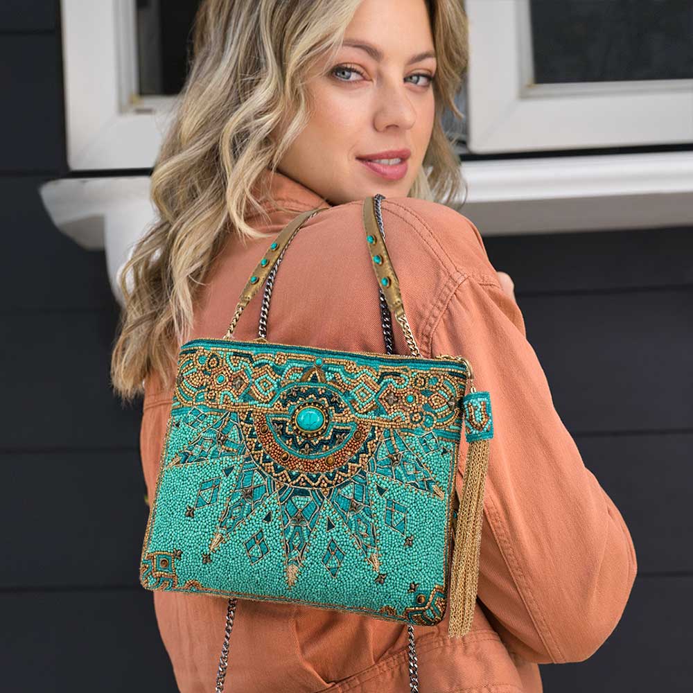 New Day Beaded Mosaic Themed Crossbody Leather Handbag