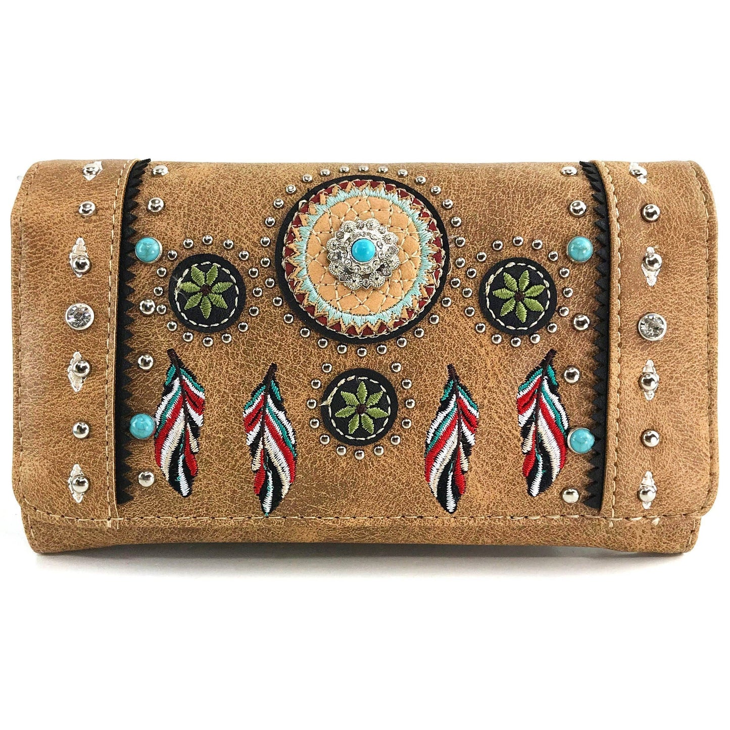 Embroidered Dream Catcher Native Feathers Crossbody Wallet: Brown
