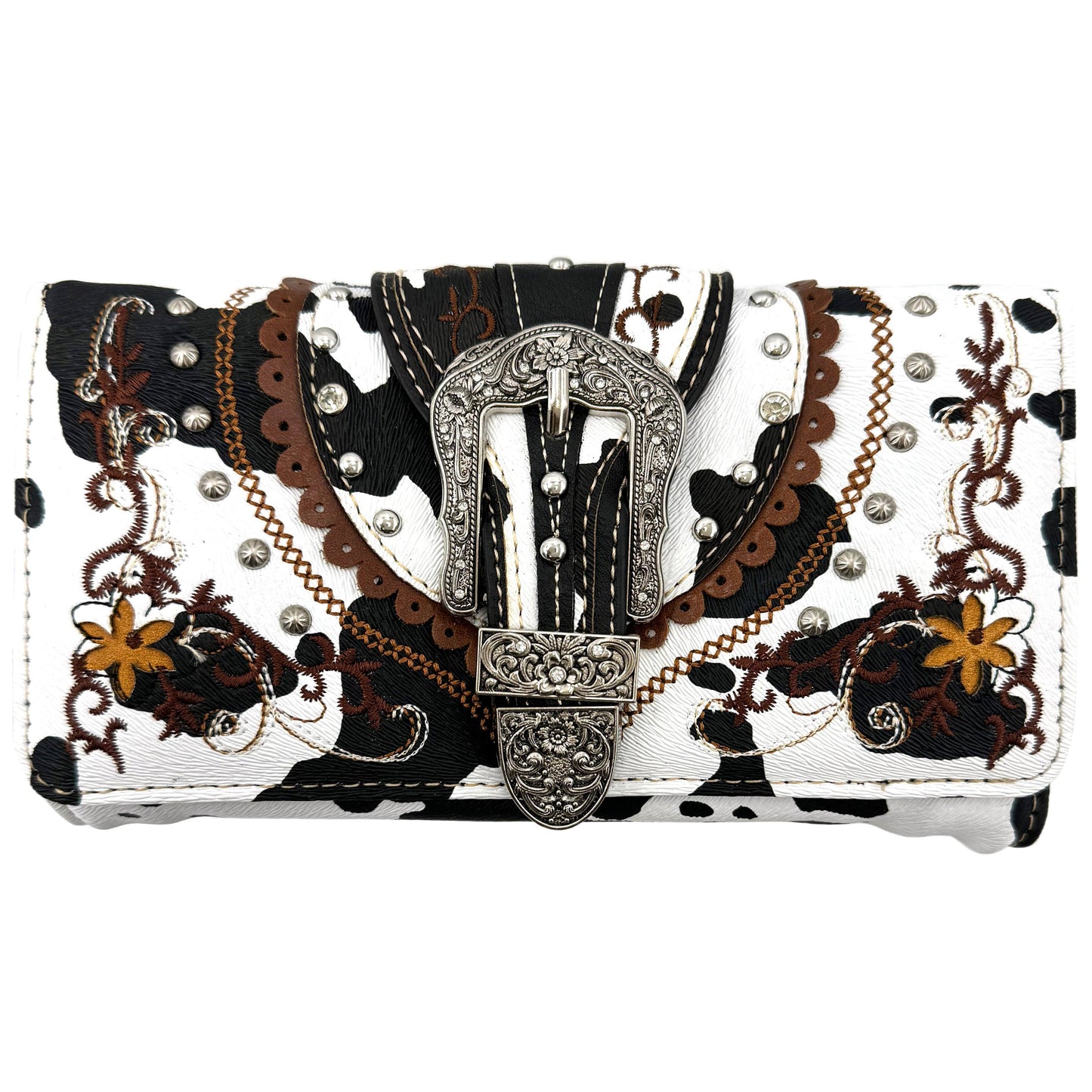 Cow Print Western Leather Buckle Crossbody Wallet: Black
