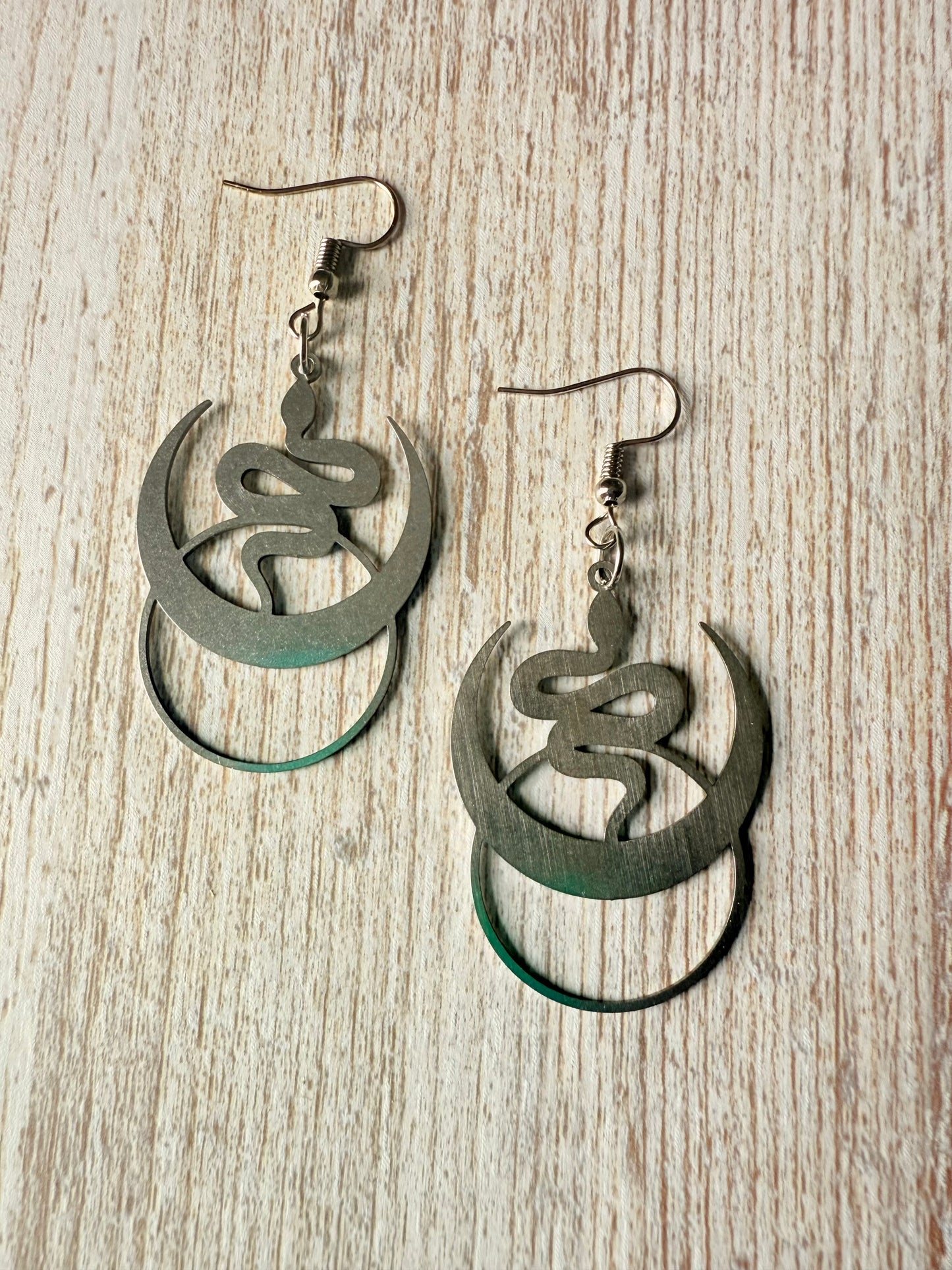 Serpent Moon Earrings – Brushed Steel Boho Statement