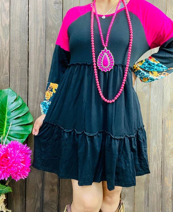 BQ13861 long sleeve trim ruffle hem smock women dresses: 3XL