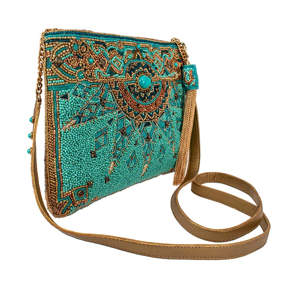 New Day Beaded Mosaic Themed Crossbody Leather Handbag