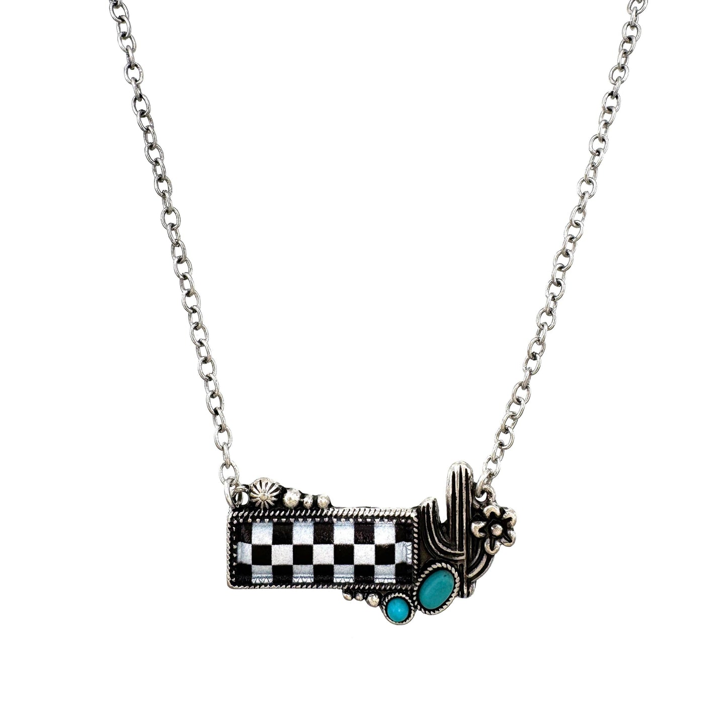 Checkered Print Western Cactus Flower Necklace: Pink