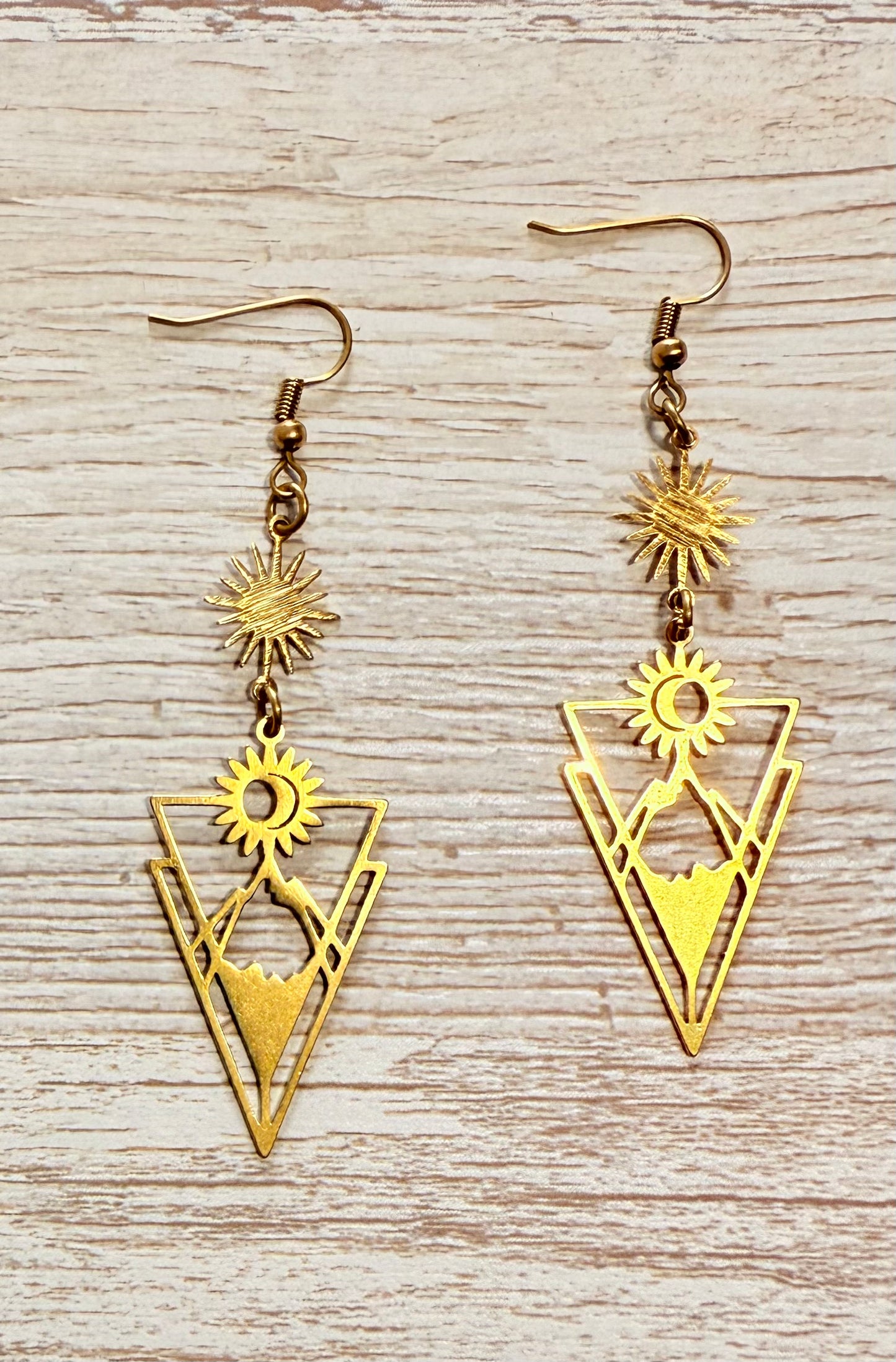 Sun & Mountain Geometric Dangle Earrings – Raw Brass