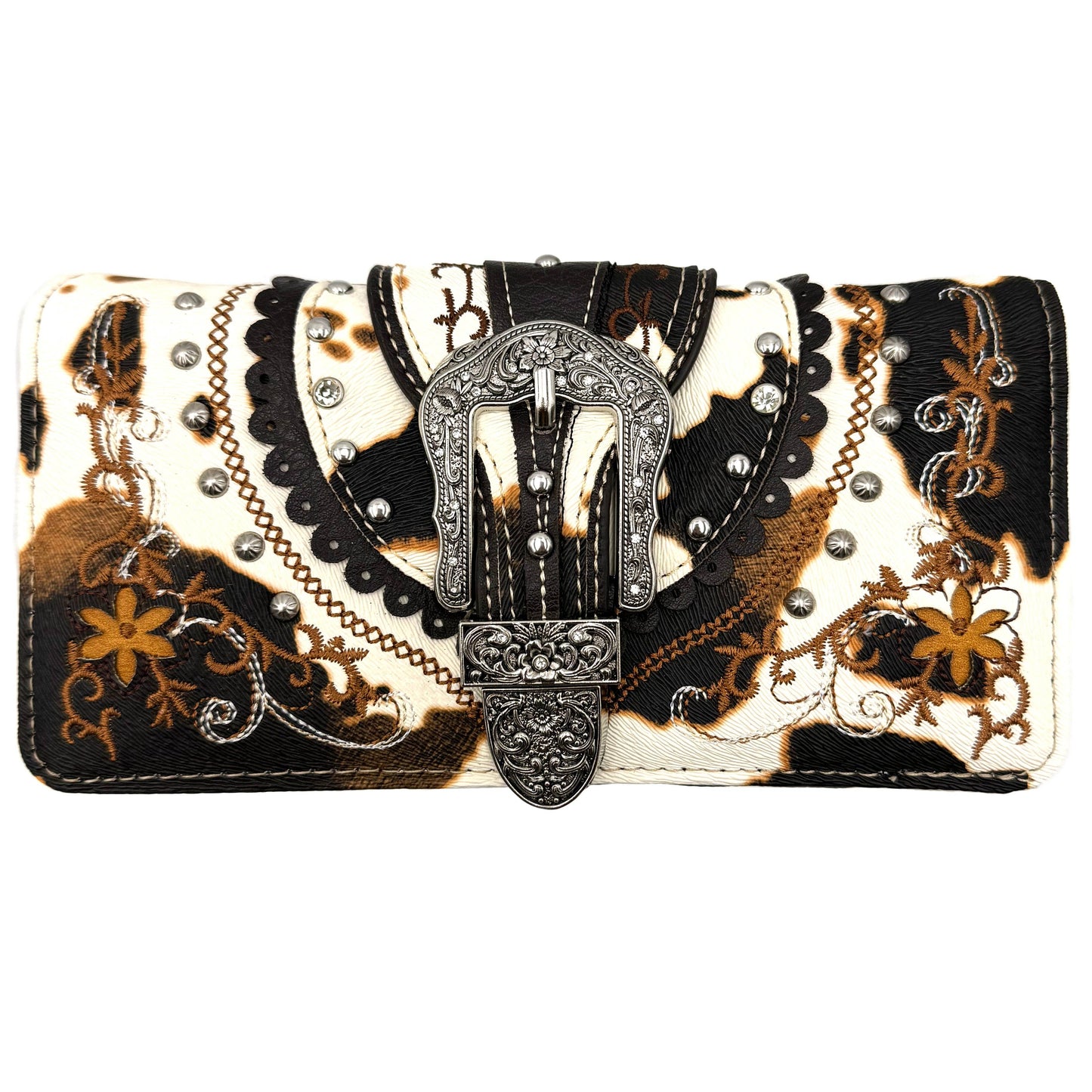 Cow Print Western Leather Buckle Crossbody Wallet: Black
