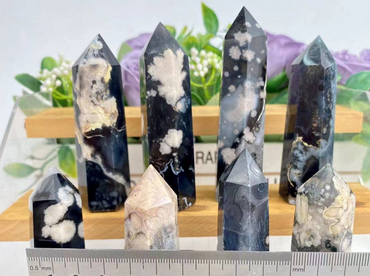 Black Flower Agate Crystal Obelisk Tower