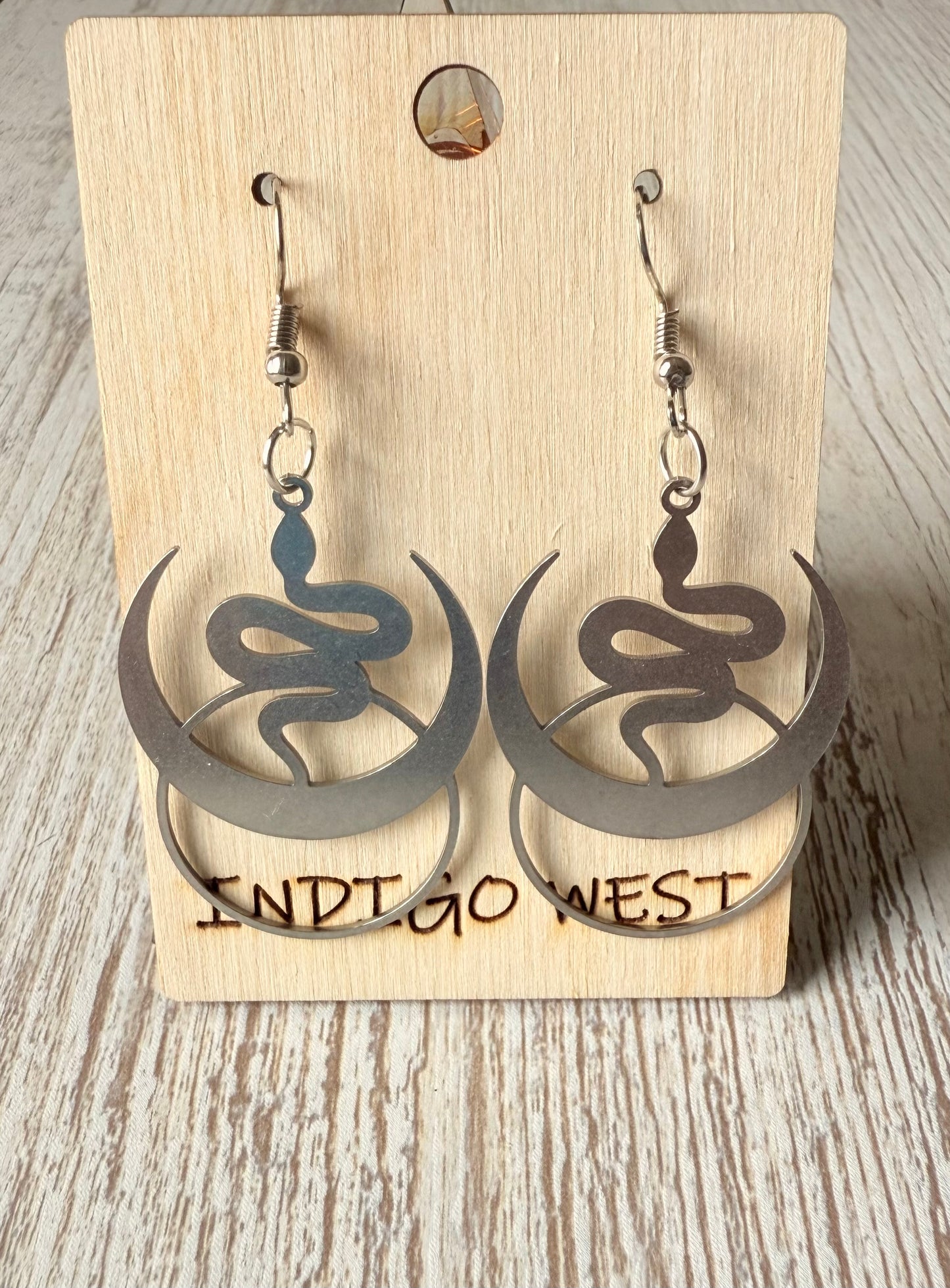 Serpent Moon Earrings – Brushed Steel Boho Statement