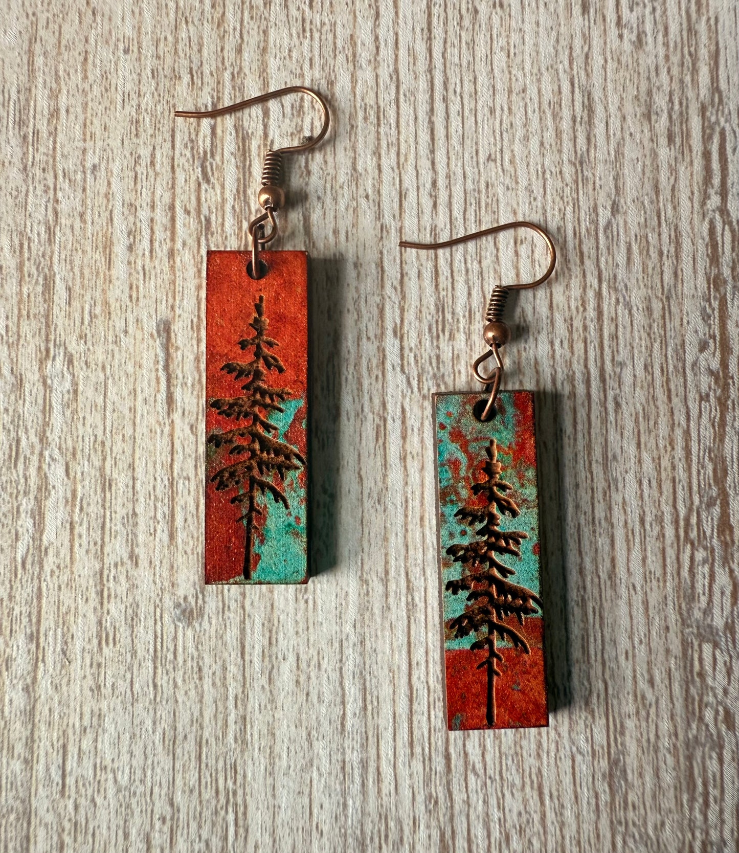Rustic Spirit Tree Earrings- Rust & Mint Green