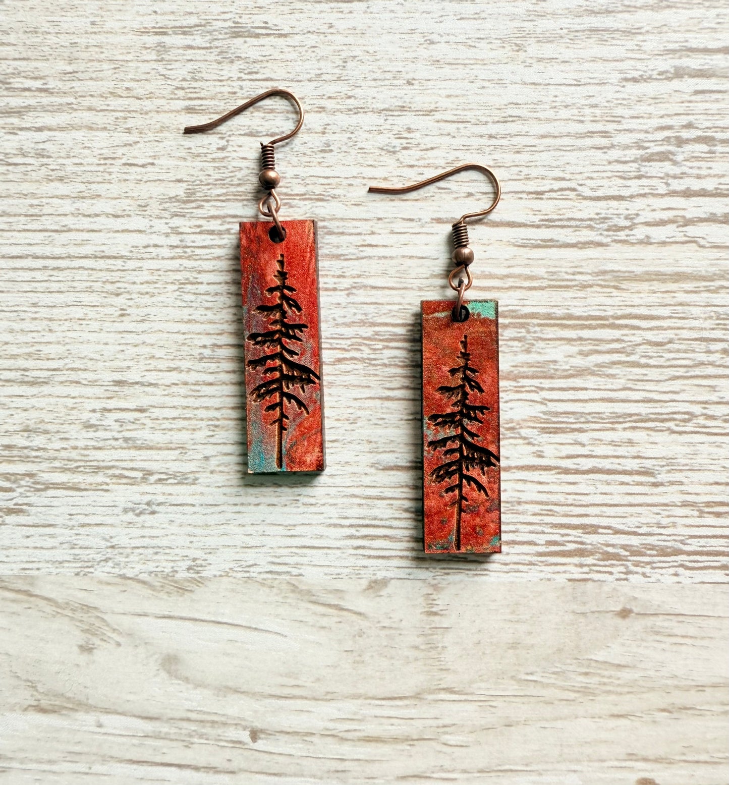 Rustic Spirit Tree Earrings- Mostly Rust Color/Little Mint Green