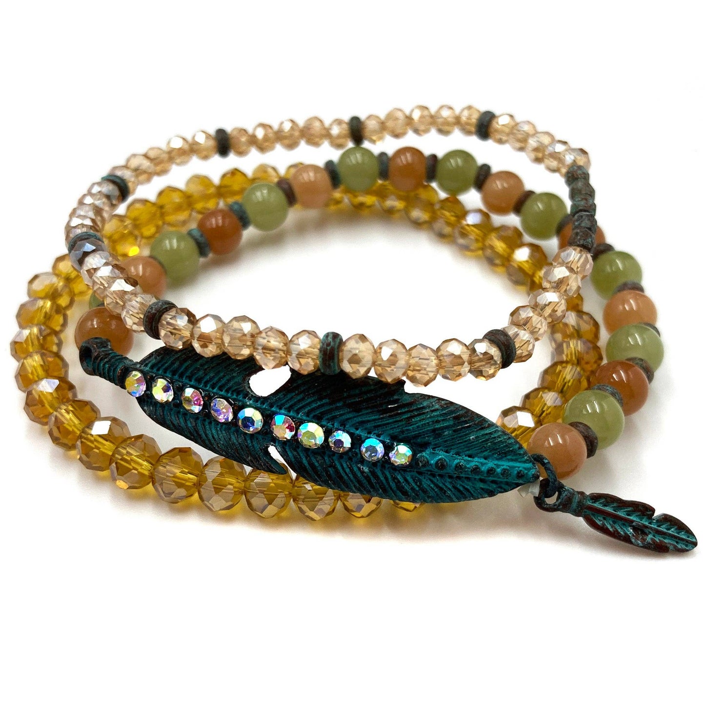 Bohemian Feather Acrylic Crystal Three Piece Stretch Bracelet: Gold