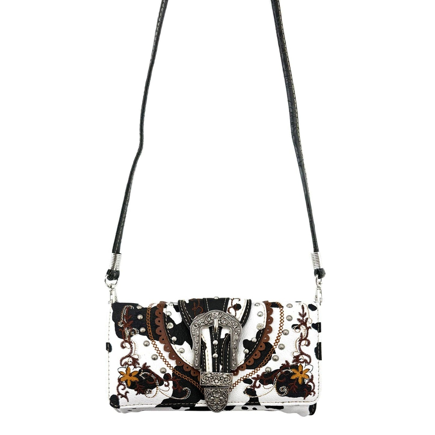 Cow Print Western Leather Buckle Crossbody Wallet: Black