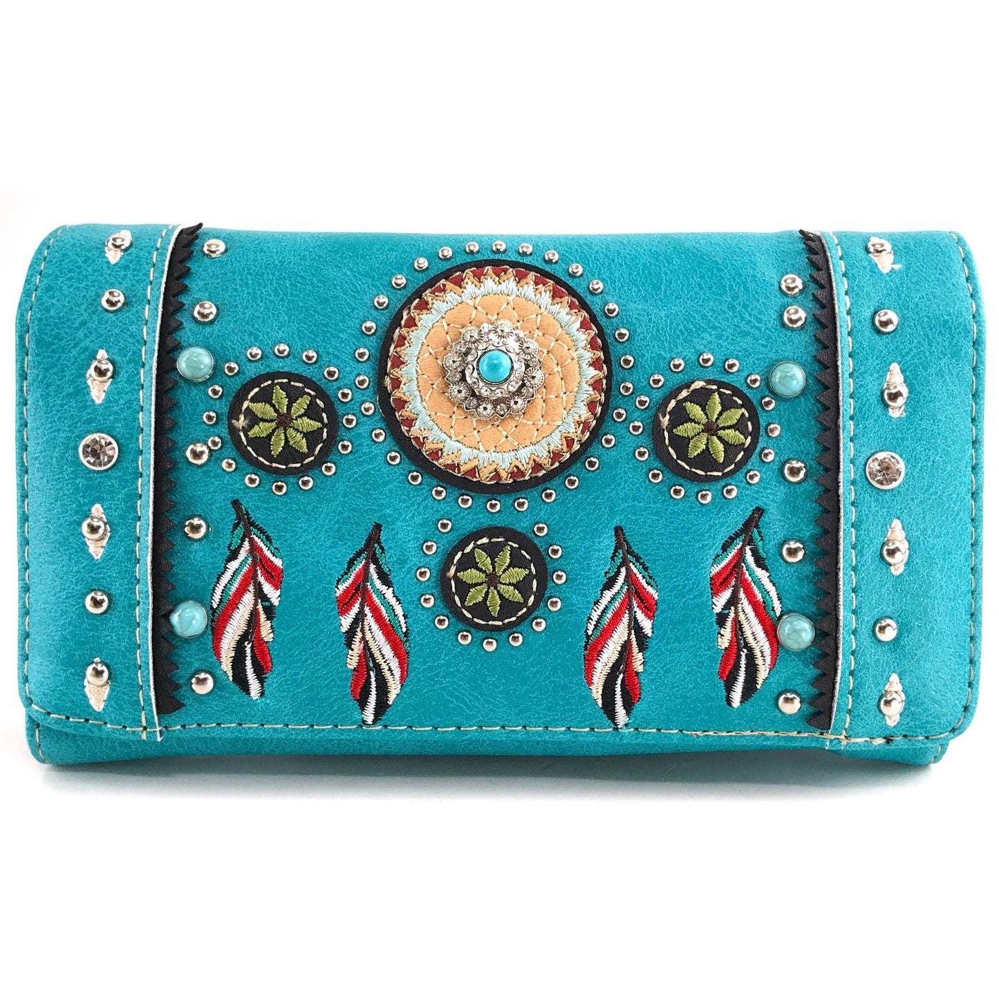 Embroidered Dream Catcher Native Feathers Crossbody Wallet: Brown