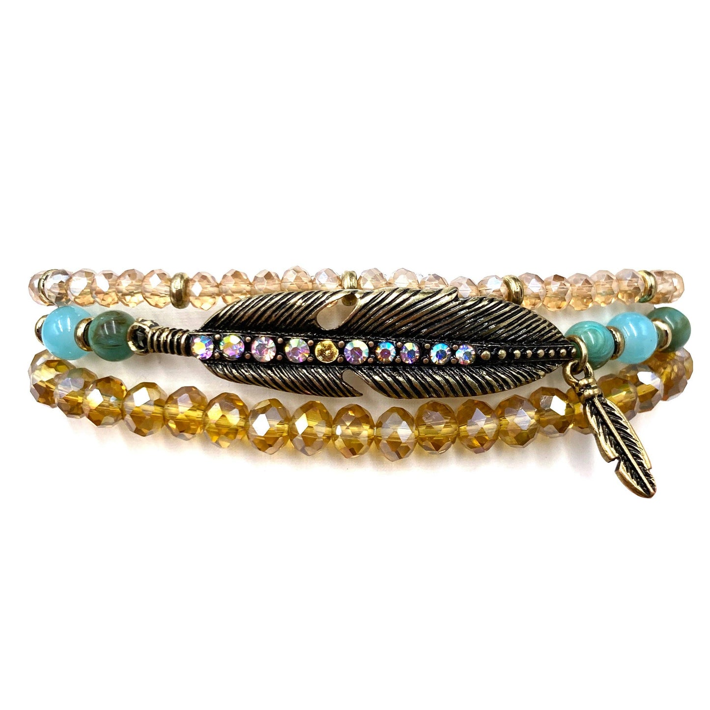 Bohemian Feather Acrylic Crystal Three Piece Stretch Bracelet: Gold