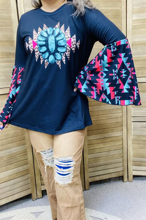 π΅π Boho Spirit Turquoise & Aztec Bell Sleeve Top ππ΅- Small