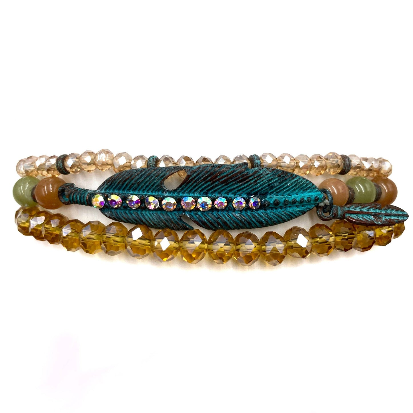 Bohemian Feather Acrylic Crystal Three Piece Stretch Bracelet: Gold