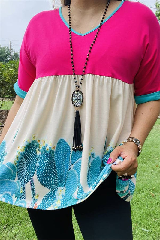 XCH14828 Pink & Cactus printed color block baby doll blouse: 3XL