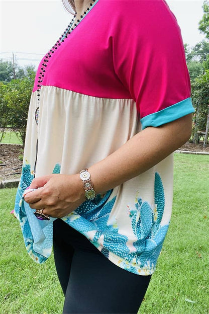XCH14828 Pink & Cactus printed color block baby doll blouse: 3XL