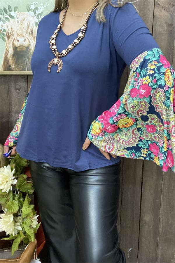 GJQ12917 Blue women blouse w/floral printed bell long sleeve: 3XL