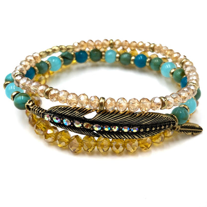 Bohemian Feather Acrylic Crystal Three Piece Stretch Bracelet: Gold
