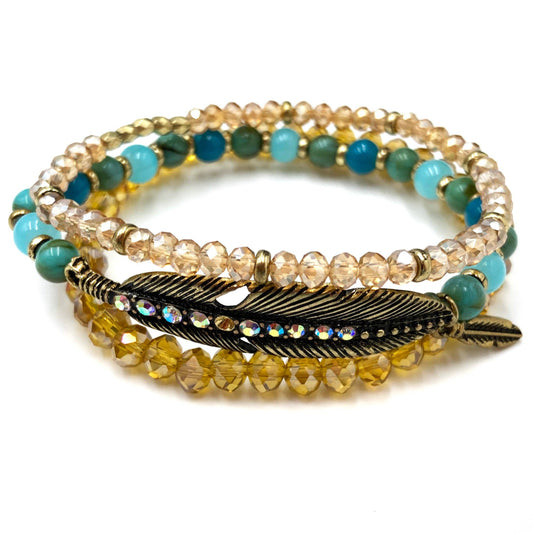 Bohemian Feather Acrylic Crystal Three Piece Stretch Bracelet: Gold