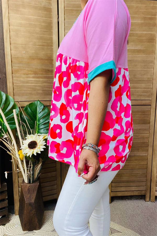 XCH14773 Pink & Circle printed color block short sleeve  : 2XL