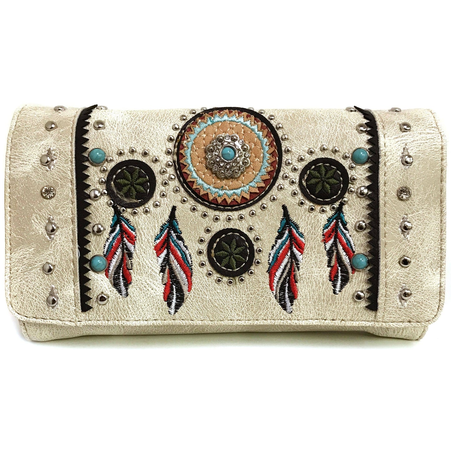 Embroidered Dream Catcher Native Feathers Crossbody Wallet: Brown
