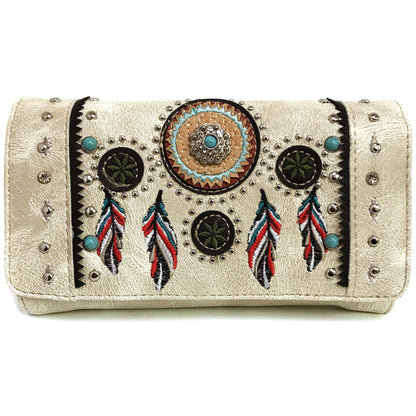 Embroidered Dream Catcher Native Feathers Crossbody Wallet: Brown