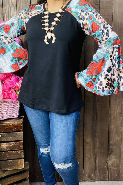 GJQ15193 Multi color printed &raglan long bell sleeve women: 3XL