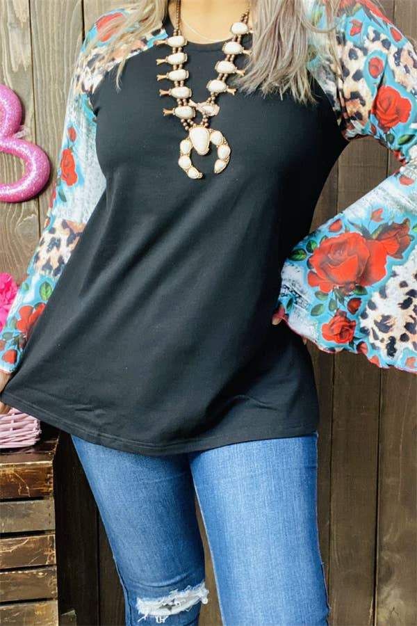 GJQ15193 Multi color printed &raglan long bell sleeve women: 3XL