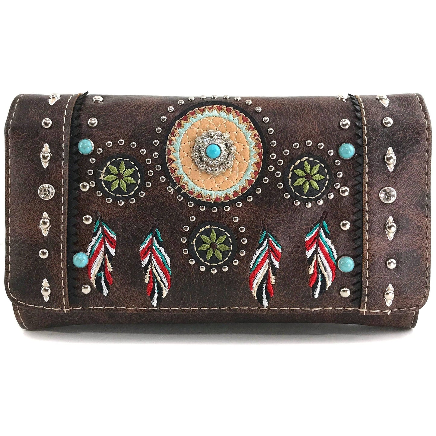 Embroidered Dream Catcher Native Feathers Crossbody Wallet: Brown