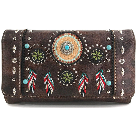 Embroidered Dream Catcher Native Feathers Crossbody Wallet: Brown