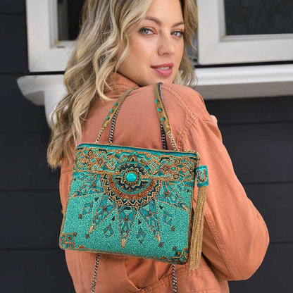New Day Beaded Mosaic Themed Crossbody Leather Handbag