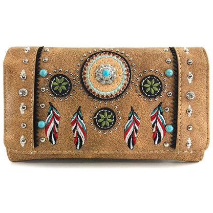Embroidered Dream Catcher Native Feathers Crossbody Wallet: Brown