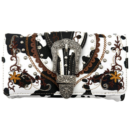 Cow Print Western Leather Buckle Crossbody Wallet: Black