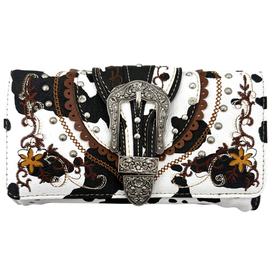 Cow Print Western Leather Buckle Crossbody Wallet: Black