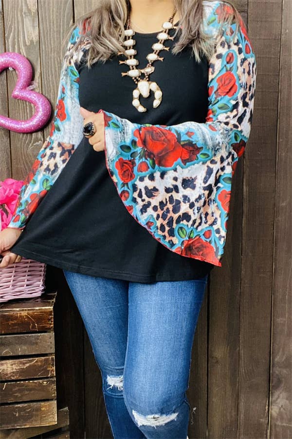 GJQ15193 Multi color printed &raglan long bell sleeve women: 3XL