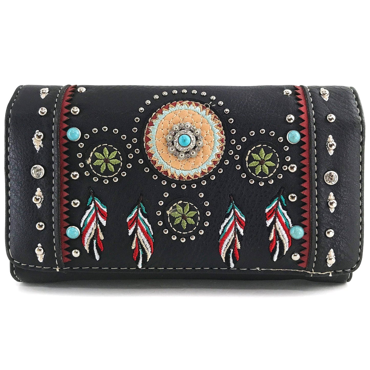 Embroidered Dream Catcher Native Feathers Crossbody Wallet: Brown