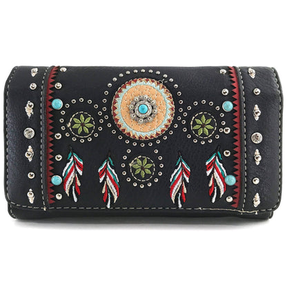 Embroidered Dream Catcher Native Feathers Crossbody Wallet: Brown