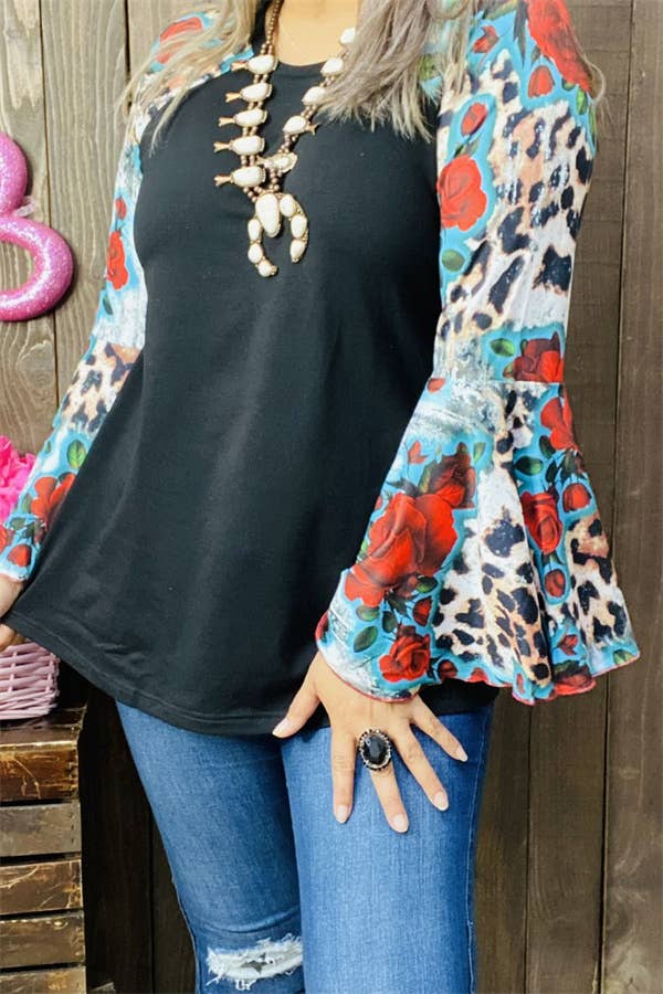 GJQ15193 Multi color printed &raglan long bell sleeve women: 3XL