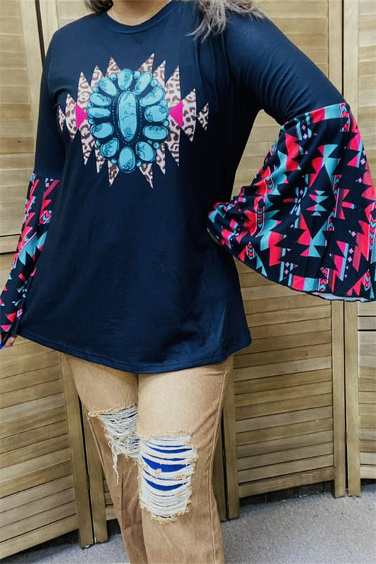 🌵💎 Boho Spirit Turquoise & Aztec Bell Sleeve Top 💎🌵- Small