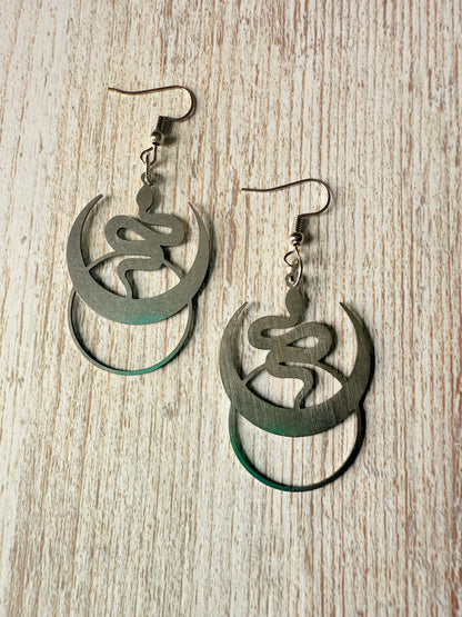 Serpent Moon Earrings – Brushed Steel Boho Statement