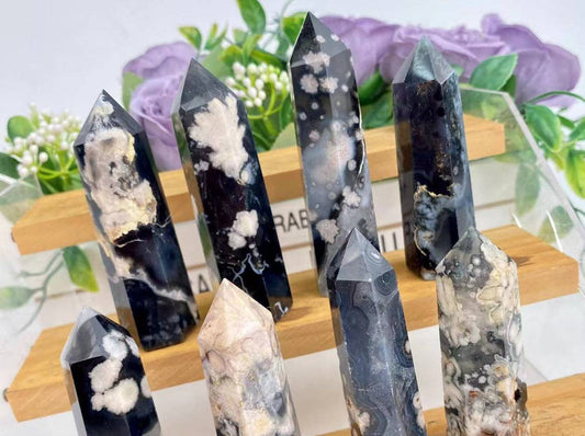 Black Flower Agate Crystal Obelisk Tower