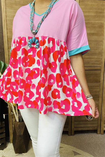 XCH14773 Pink & Circle printed color block short sleeve  : 2XL