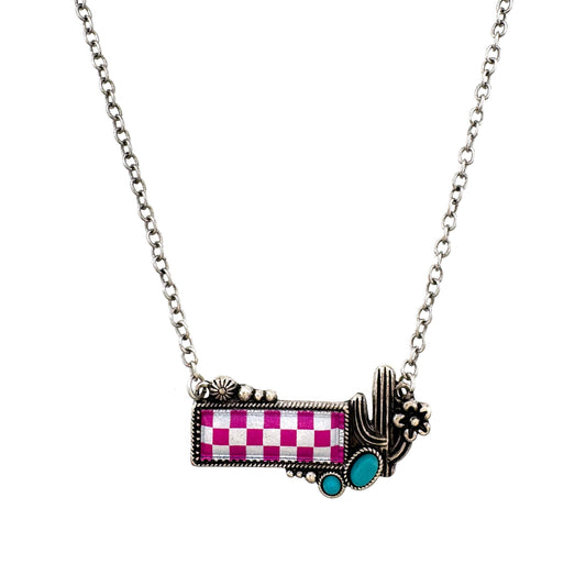 Checkered Print Western Cactus Flower Necklace: Pink