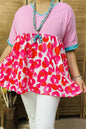 XCH14773 Pink & Circle printed color block short sleeve  : 2XL