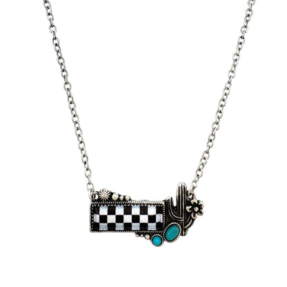 Checkered Print Western Cactus Flower Necklace: Pink
