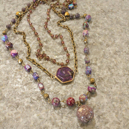 Bohemian Layered Purple Stone & Crystal Necklace