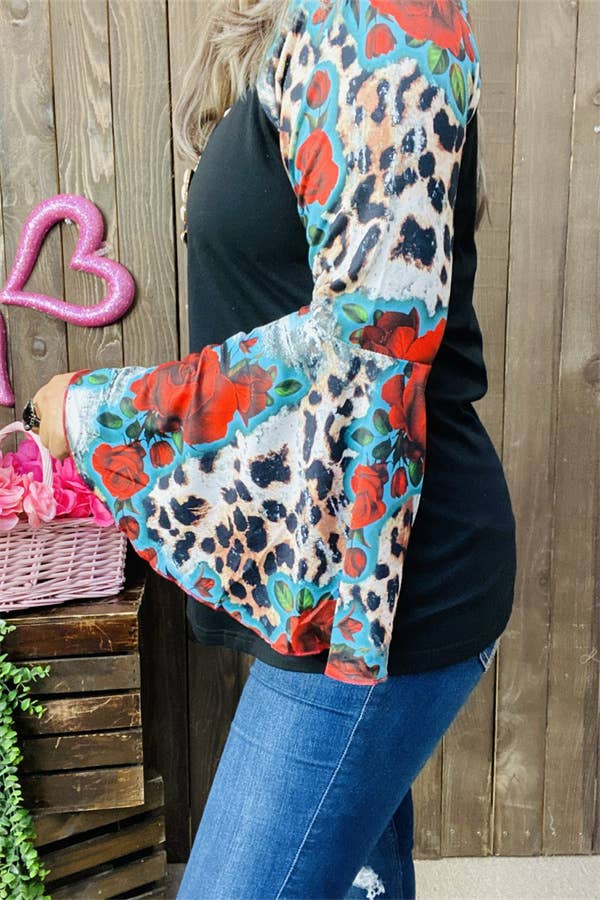 GJQ15193 Multi color printed &raglan long bell sleeve women: 3XL