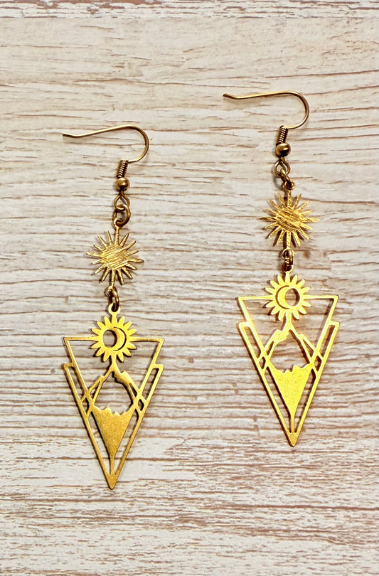 Sun & Mountain Geometric Dangle Earrings – Raw Brass